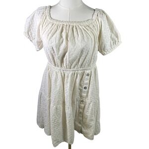 Shyanne Women's Dress Ivory Floral Eyelet Short Sleeve Tiered Button Bohemian M